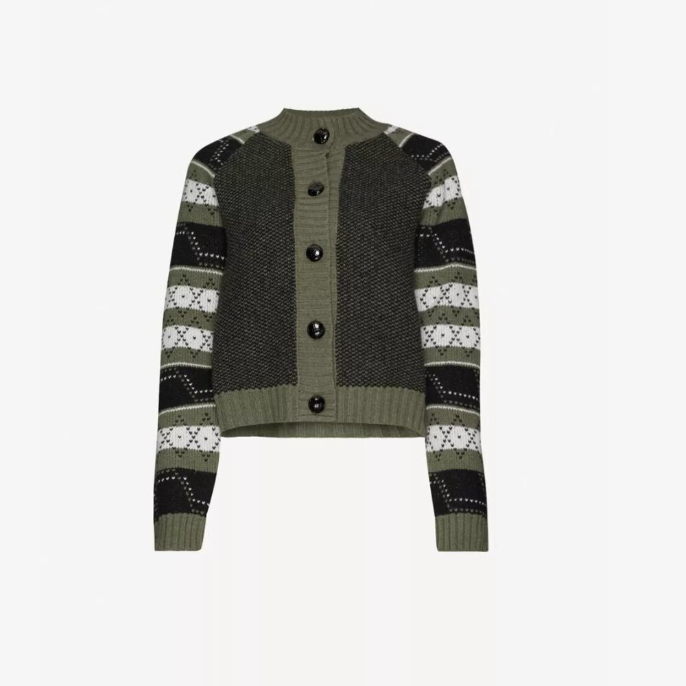 GANNI Striped Fair Isle Wool-blend Cardigan In Green **RARE